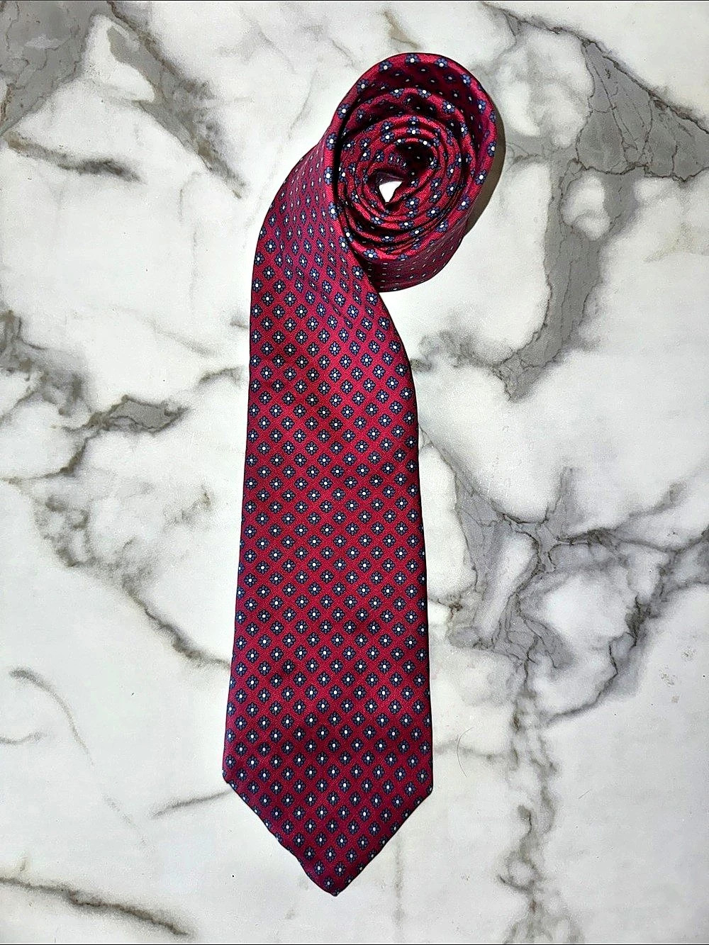 YVES SAINT LAURENT Vintage Geometric Floral Pattern Red & Blue Tie